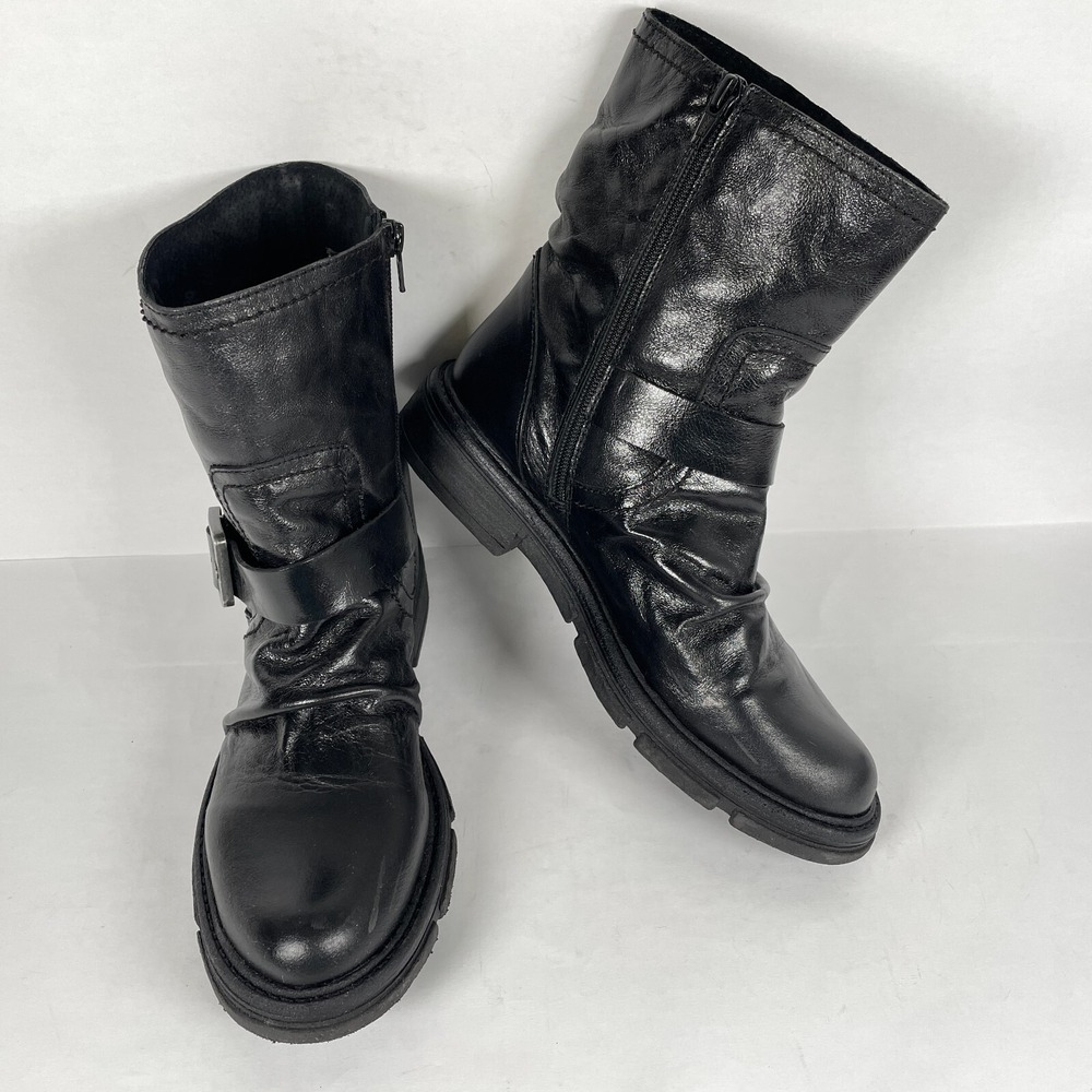 Miz Mooz Holdyn Boots Womens Size 40 US 9.5 Black Leather Shiny Ruched Zip Shoes - Picture 2 of 10